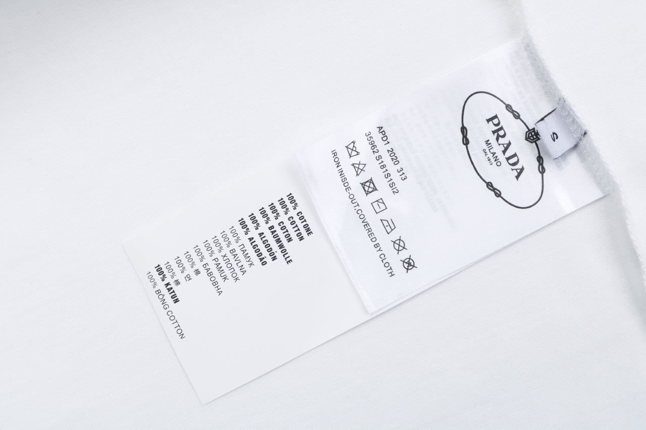 Prada Vertical Letter Triangle Logo Short Sleeve Tee — White
