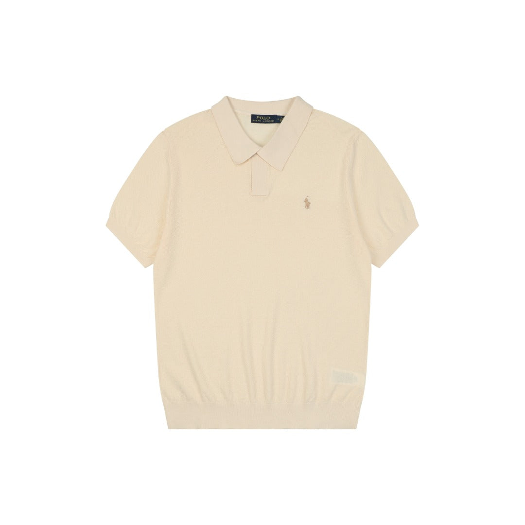 Ralph Lauren Pony Logo Concealed Snap Knit Polo Short Sleeve — Cream