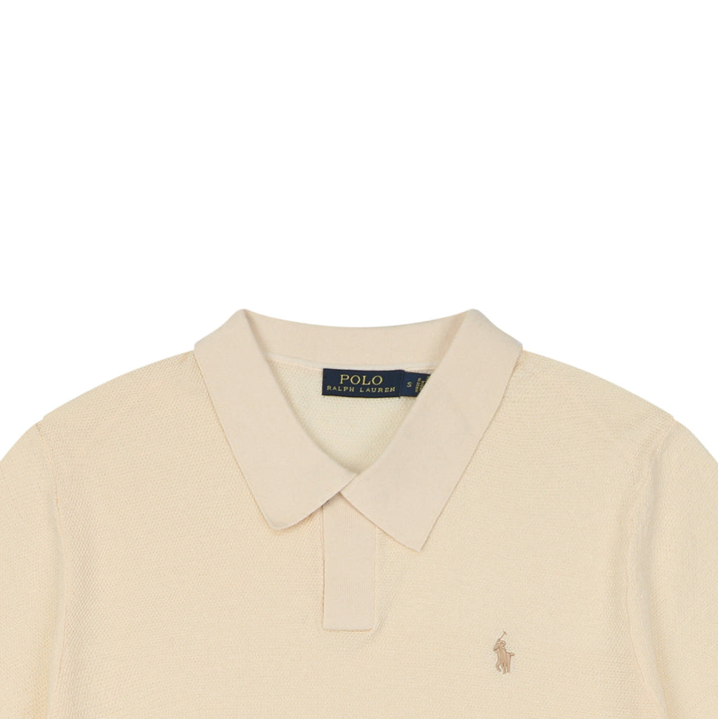 Ralph Lauren Pony Logo Concealed Snap Knit Polo Short Sleeve — Cream