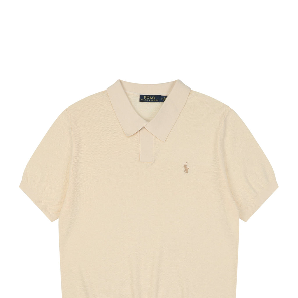 Ralph Lauren Pony Logo Concealed Snap Knit Polo Short Sleeve — Cream