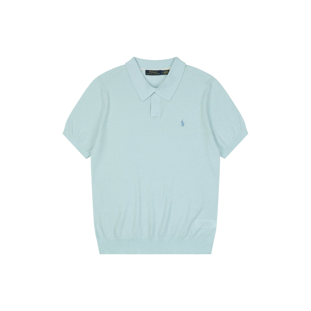 Ralph Lauren Pony Logo Concealed Snap Knit Polo Short Sleeve — Ice Blue
