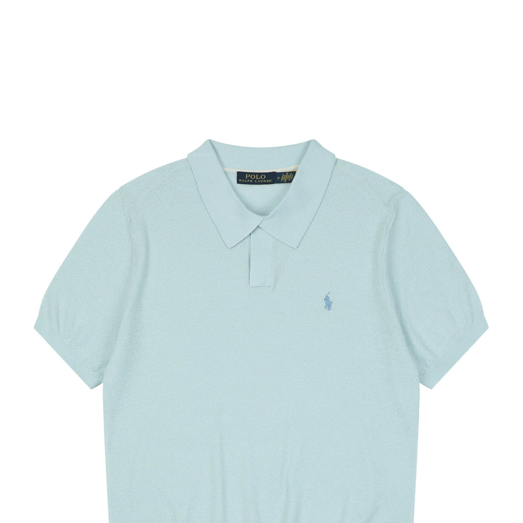 Ralph Lauren Pony Logo Concealed Snap Knit Polo Short Sleeve — Ice Blue