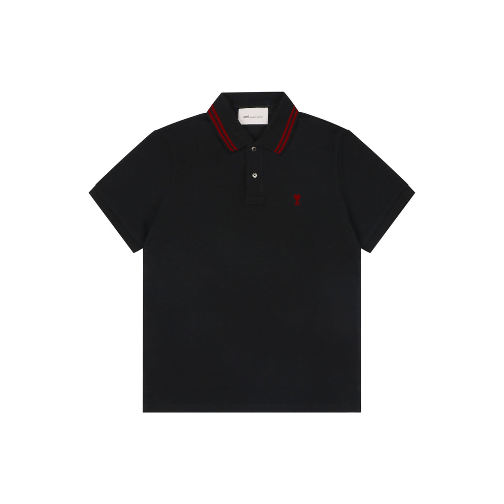 AMI Paris Ami de Coeur Contrast Collar Polo Short Sleeve — Black