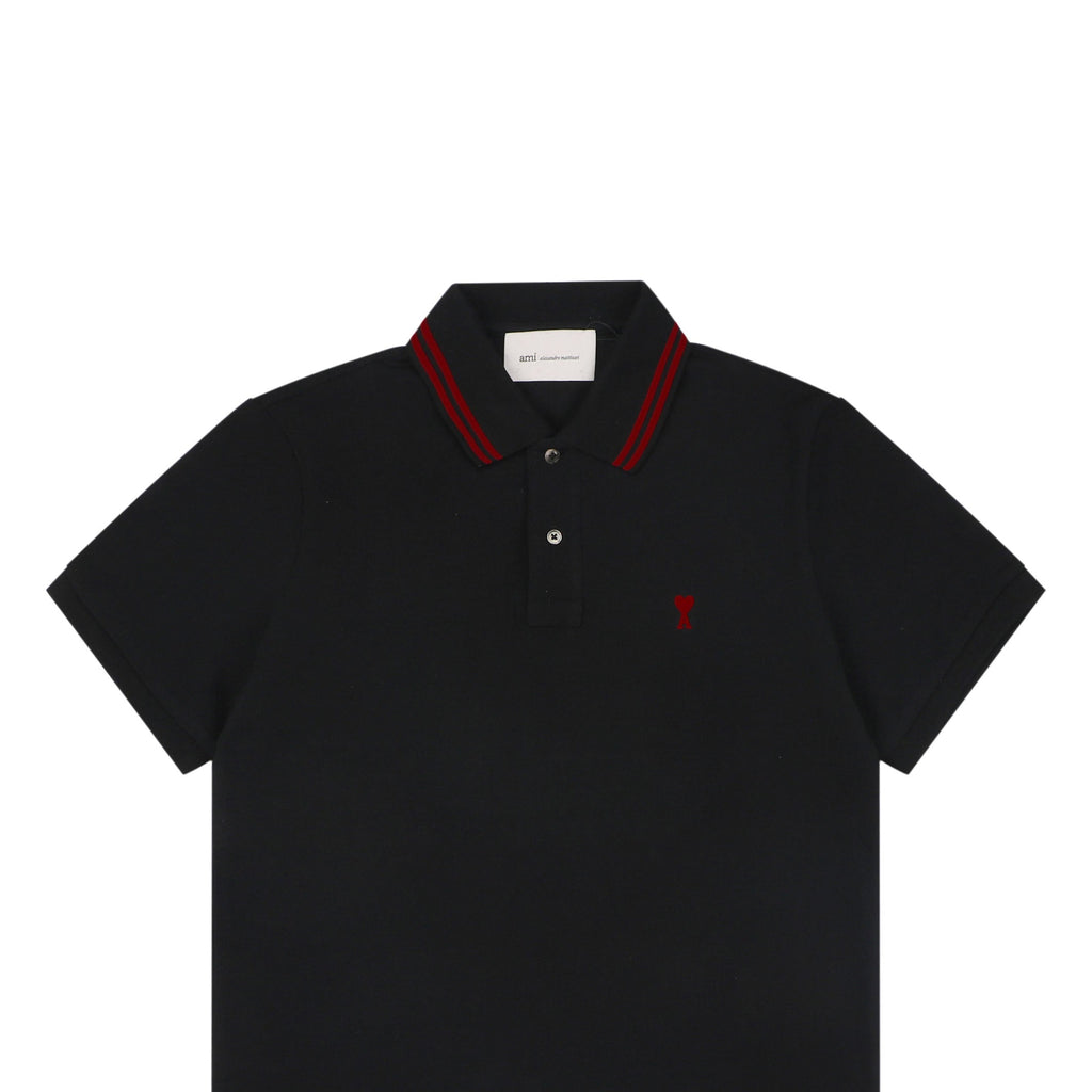 AMI Paris Ami de Coeur Contrast Collar Polo Short Sleeve — Black
