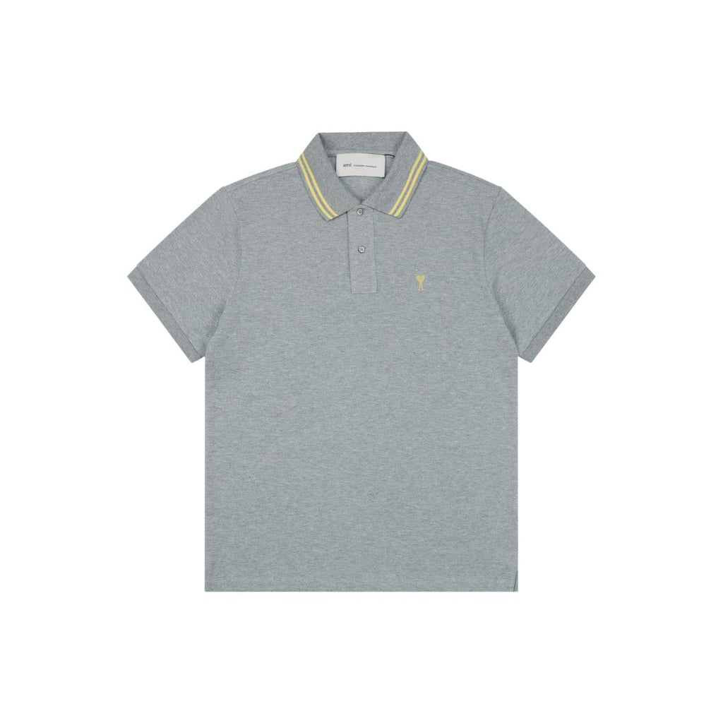 AMI Paris Ami de Coeur Contrast Collar Polo Short Sleeve — Grey