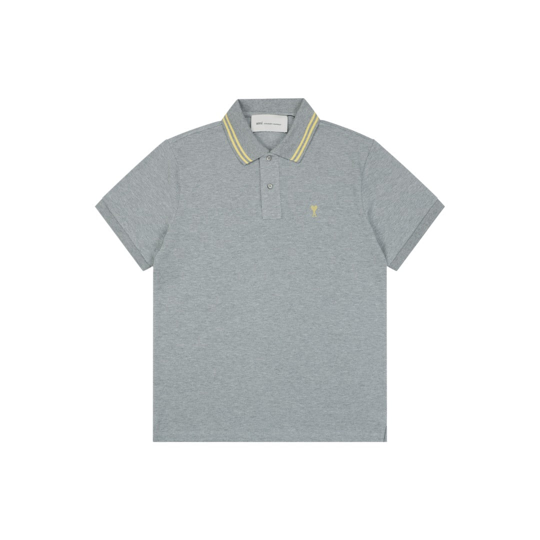 AMI Paris Ami de Coeur Contrast Collar Polo Short Sleeve — Grey