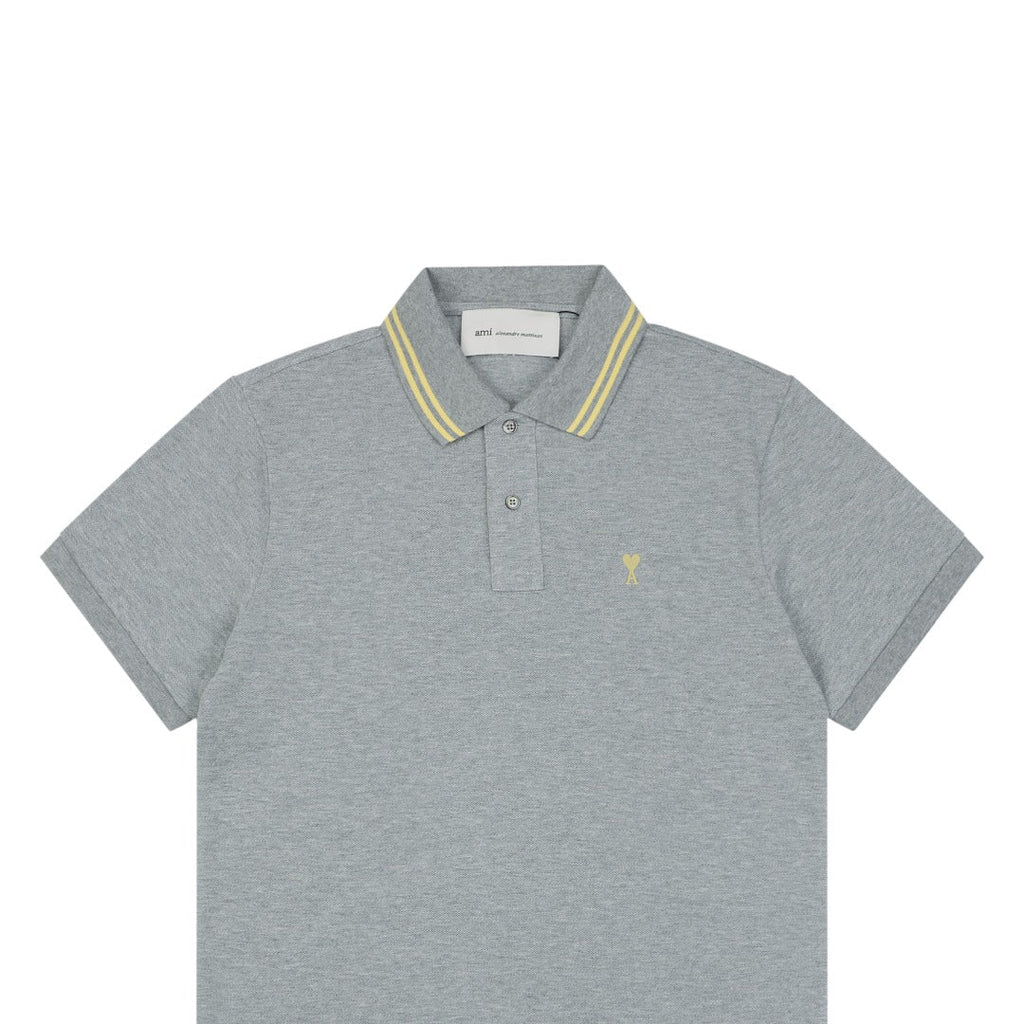 AMI Paris Ami de Coeur Contrast Collar Polo Short Sleeve — Grey