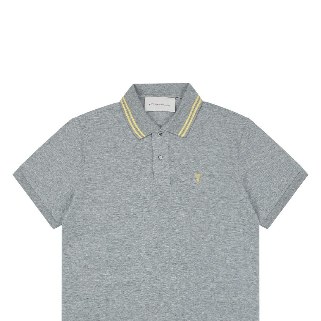 AMI Paris Ami de Coeur Contrast Collar Polo Short Sleeve — Grey