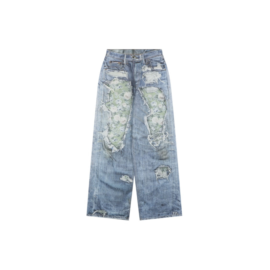 Acne Studios 1981M Distressed Rose Print Jeans — Light Blue