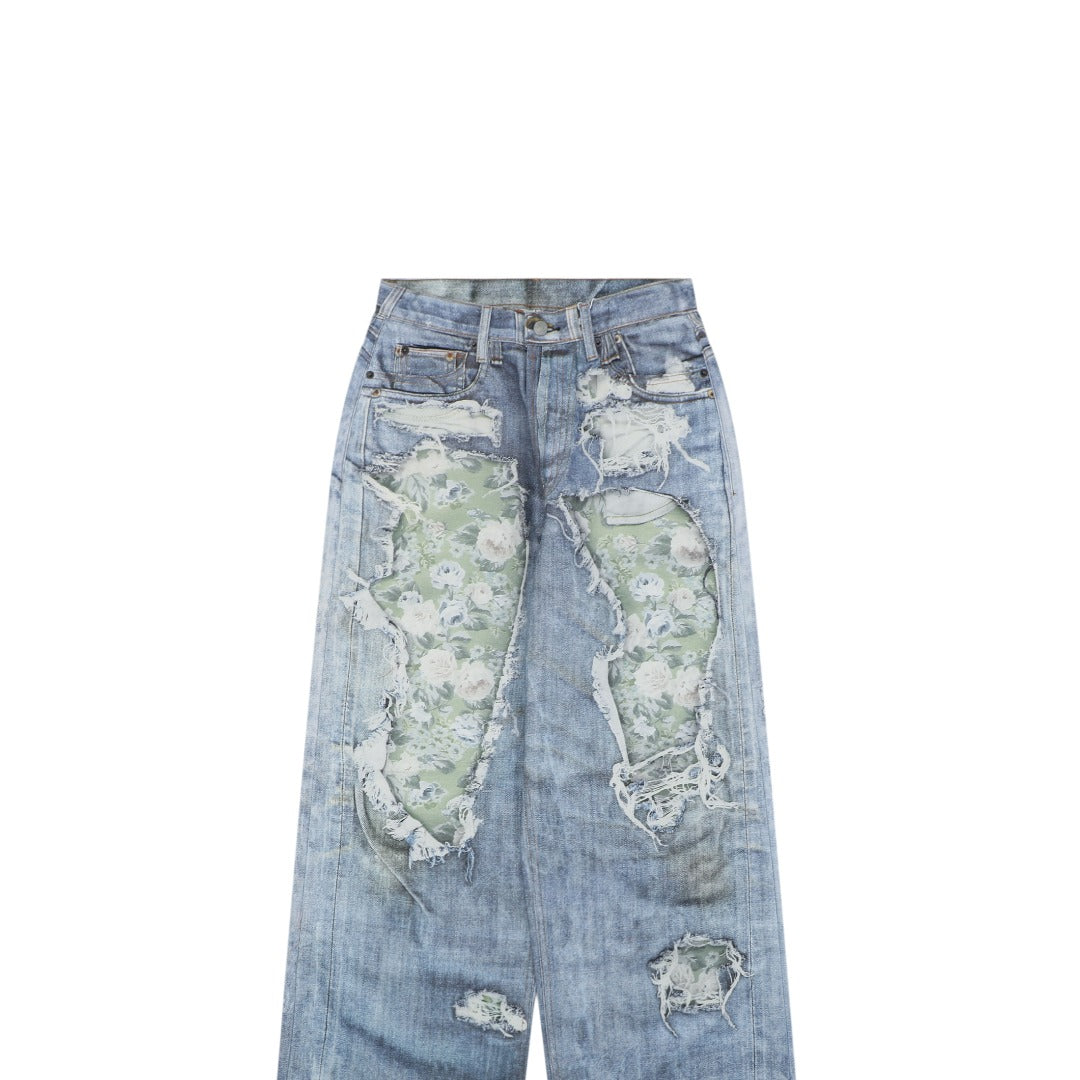 Acne Studios 1981M Distressed Rose Print Jeans — Light Blue