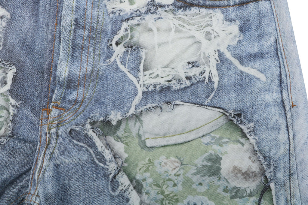 Acne Studios 1981M Distressed Rose Print Jeans — Light Blue