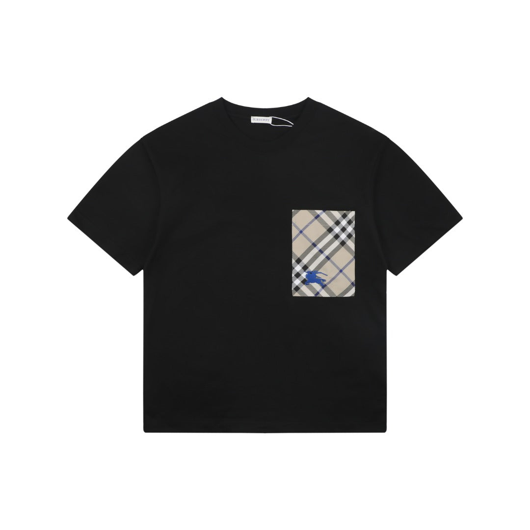 Burberry Vintage Check Pocket Blue Equestrian Knight Short Sleeve Tee — Black