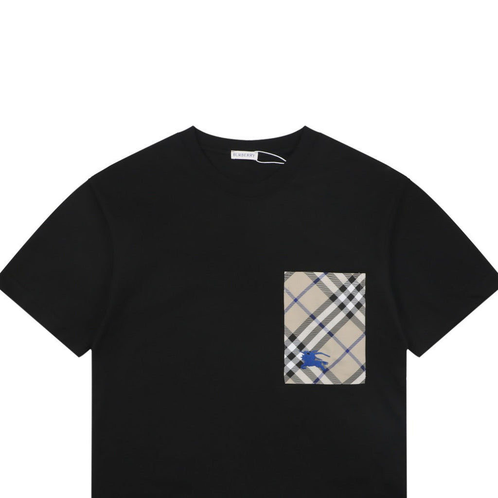 Burberry Vintage Check Pocket Blue Equestrian Knight Short Sleeve Tee — Black
