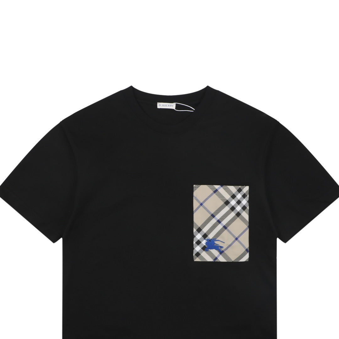 Burberry Vintage Check Pocket Blue Equestrian Knight Short Sleeve Tee — Black