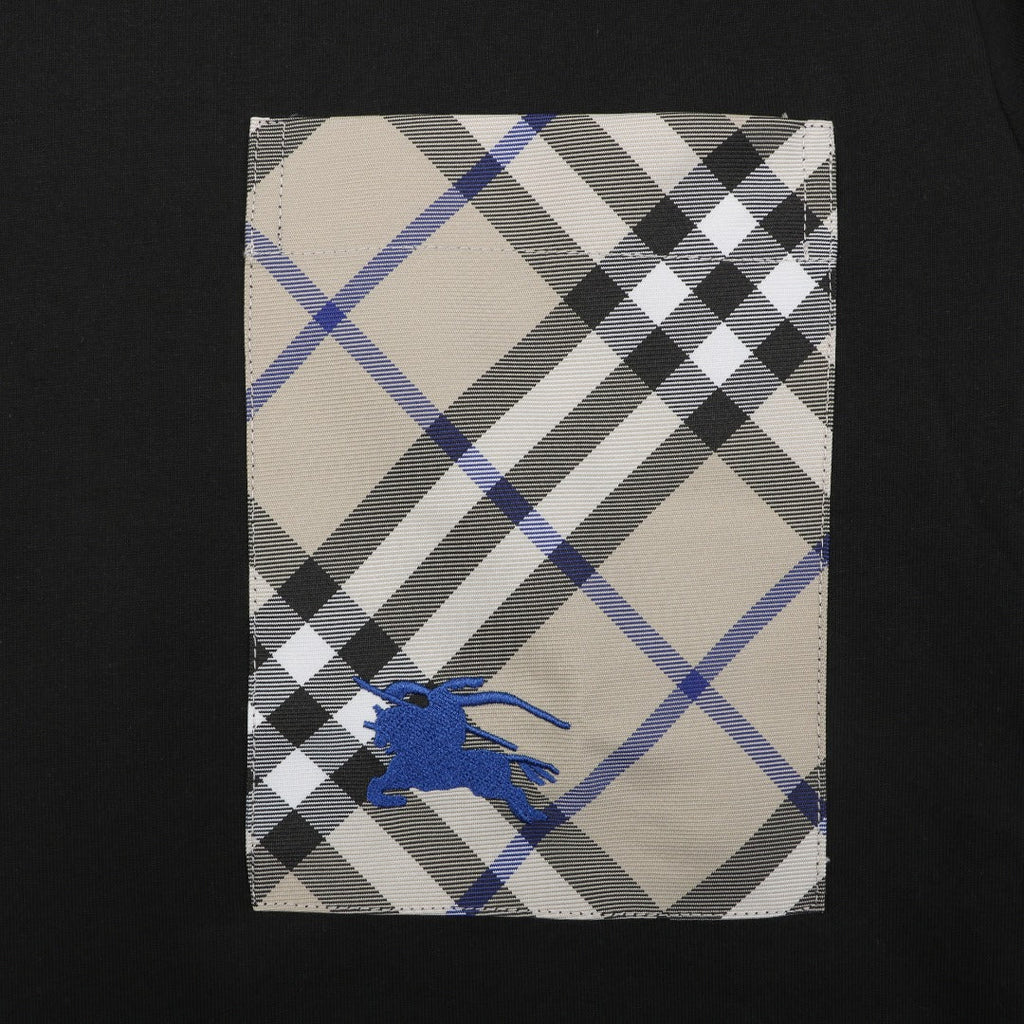 Burberry Vintage Check Pocket Blue Equestrian Knight Short Sleeve Tee — Black