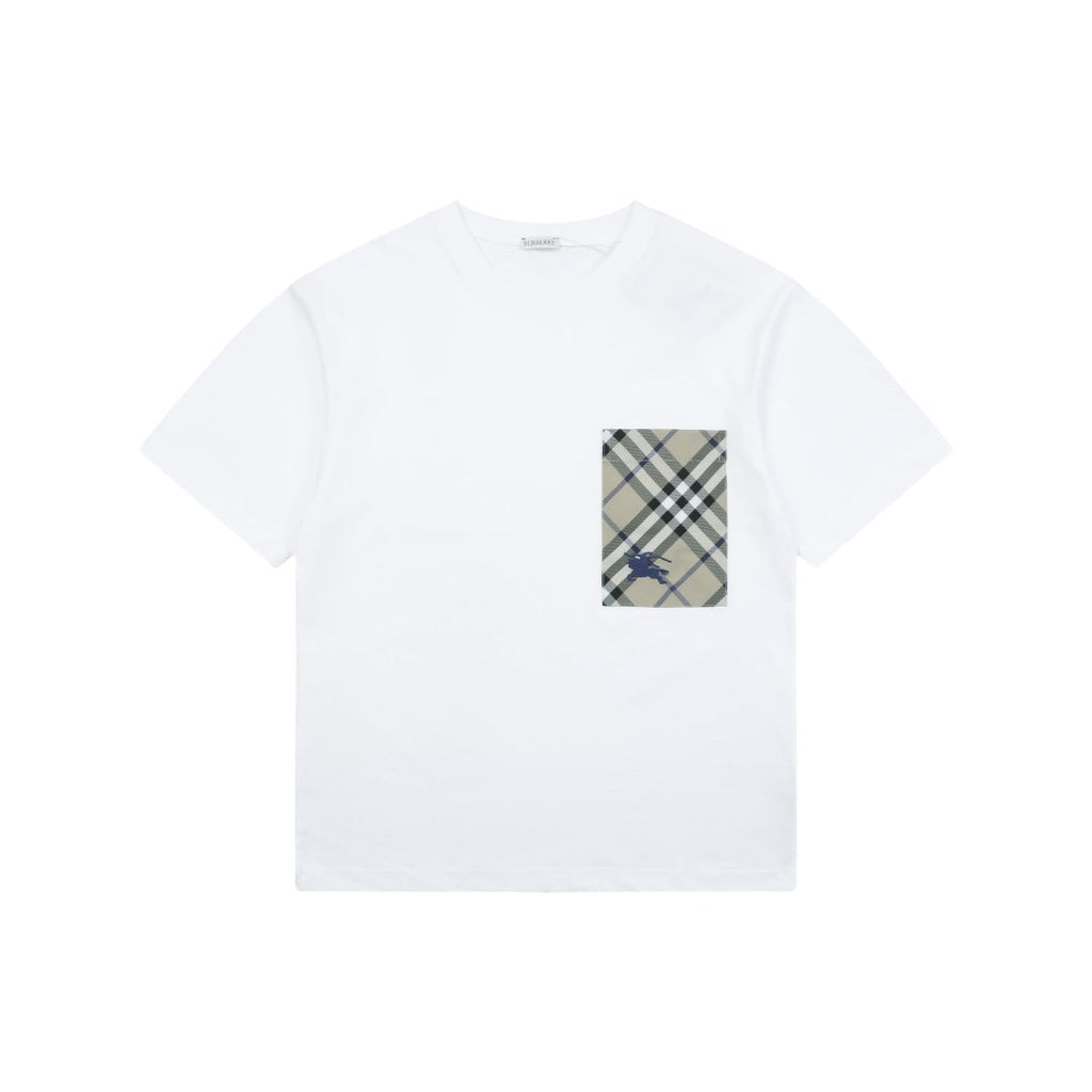 Burberry Vintage Check Pocket Blue Equestrian Knight Short Sleeve Tee — White