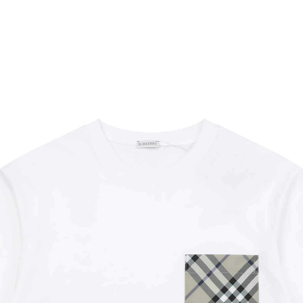 Burberry Vintage Check Pocket Blue Equestrian Knight Short Sleeve Tee — White