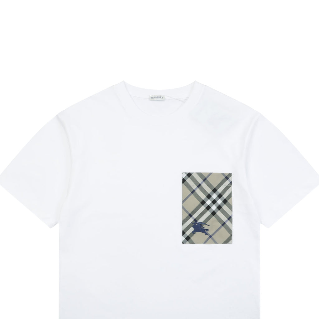 Burberry Vintage Check Pocket Blue Equestrian Knight Short Sleeve Tee — White