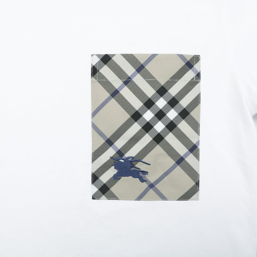 Burberry Vintage Check Pocket Blue Equestrian Knight Short Sleeve Tee — White