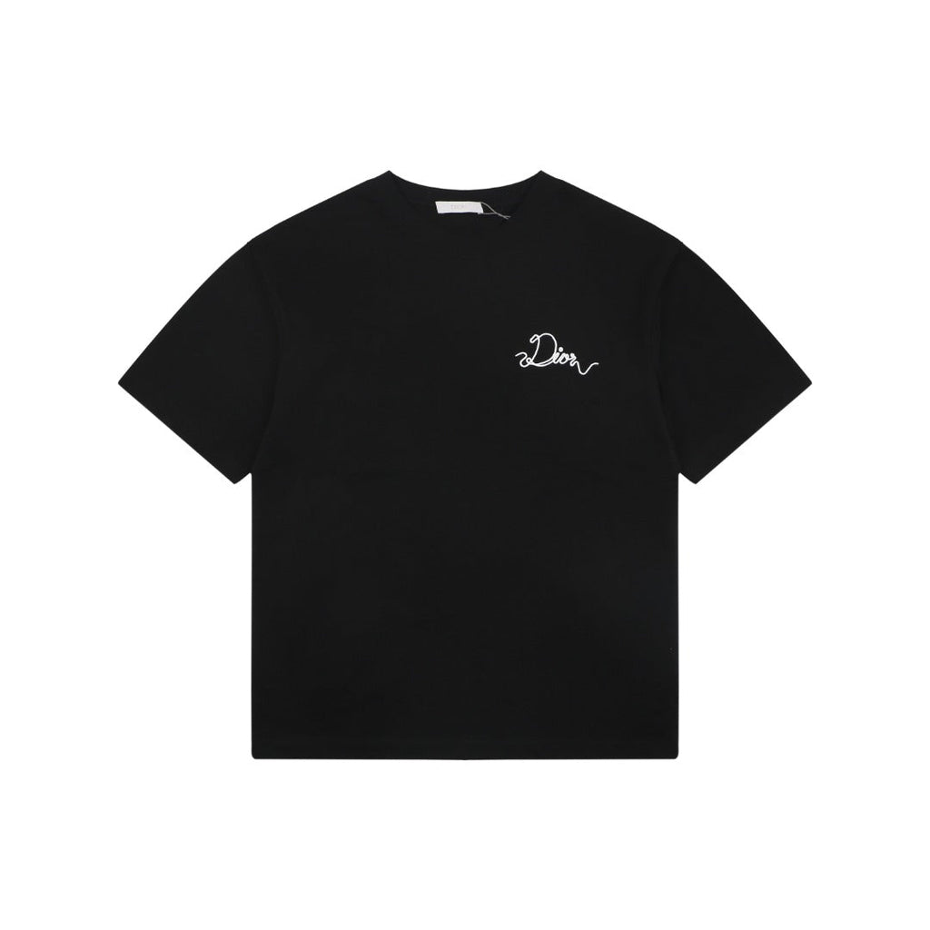 Dior Front & Back Signature Script Embroidered Short Sleeve Tee — Black