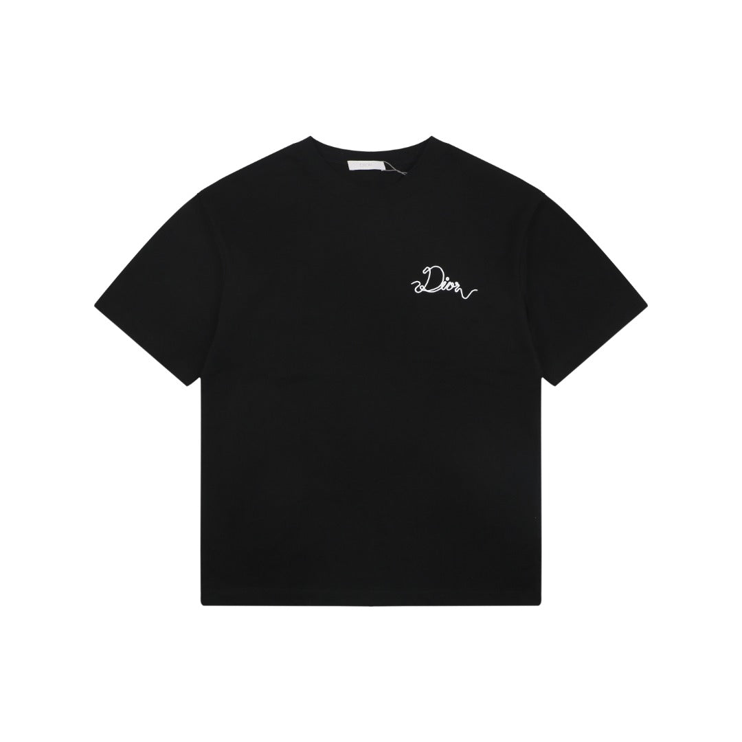 Dior Front & Back Signature Script Embroidered Short Sleeve Tee — Black