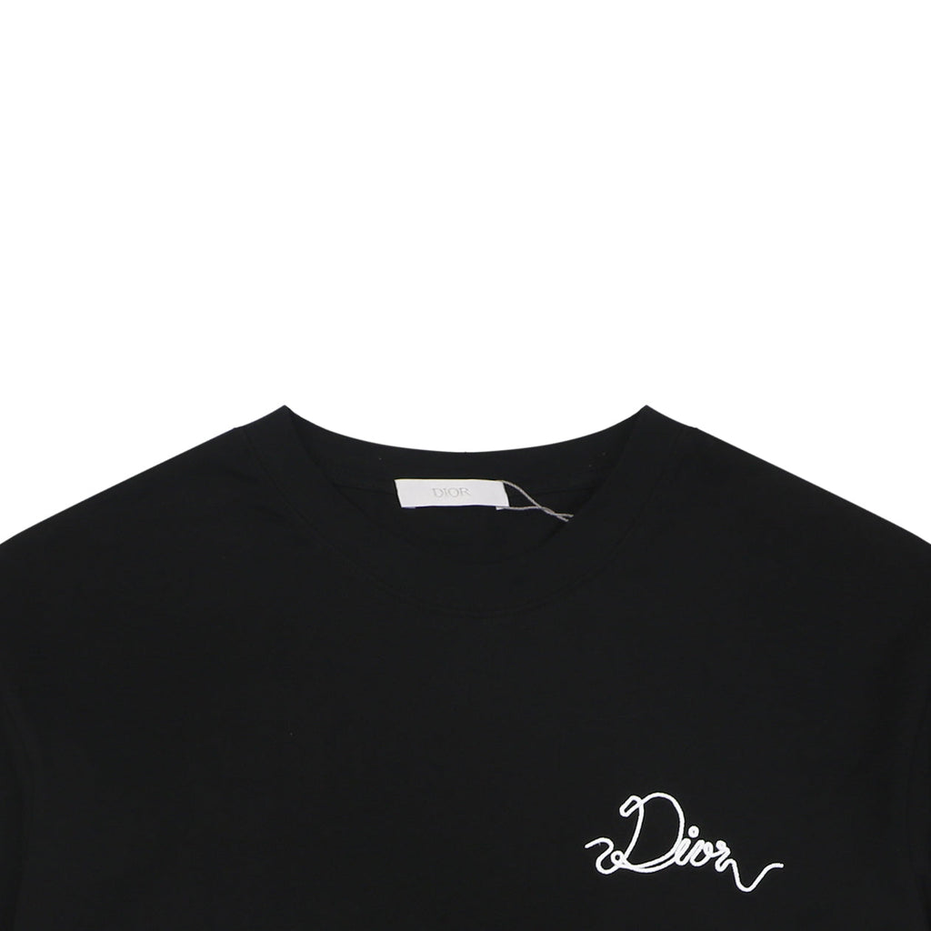 Dior Front & Back Signature Script Embroidered Short Sleeve Tee — Black