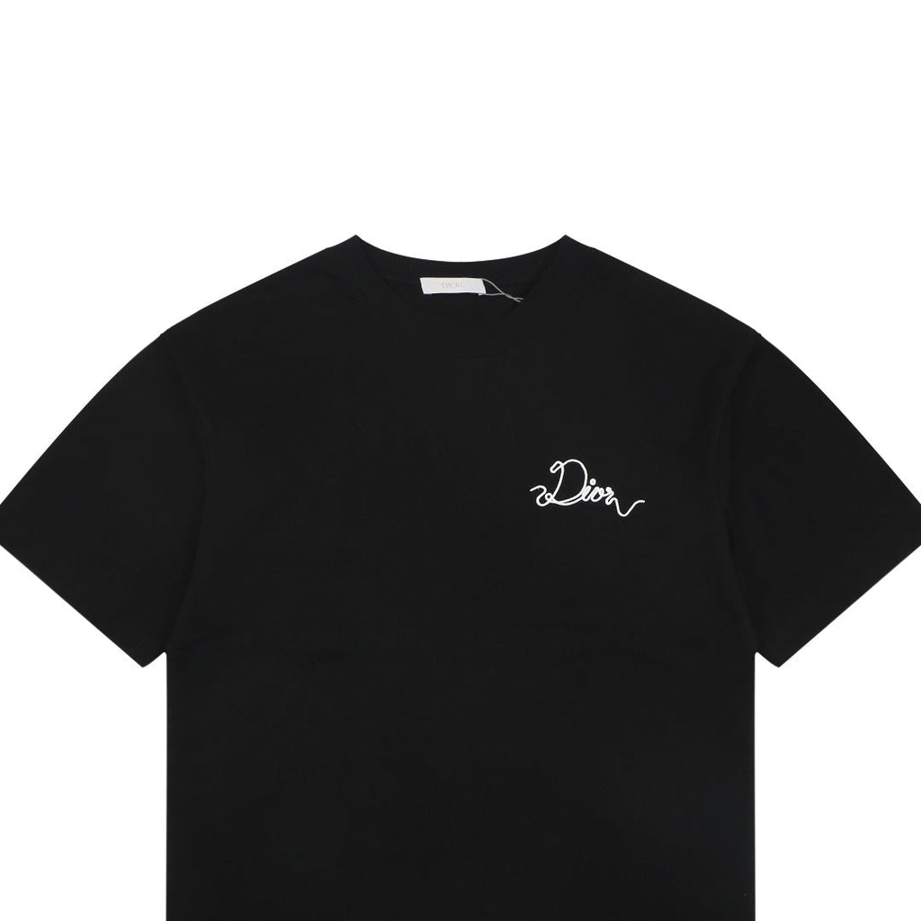 Dior Front & Back Signature Script Embroidered Short Sleeve Tee — Black
