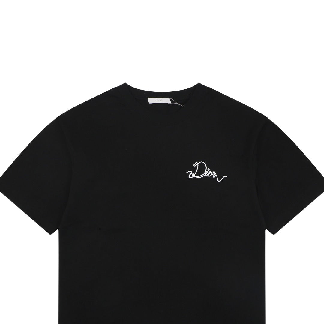 Dior Front & Back Signature Script Embroidered Short Sleeve Tee — Black