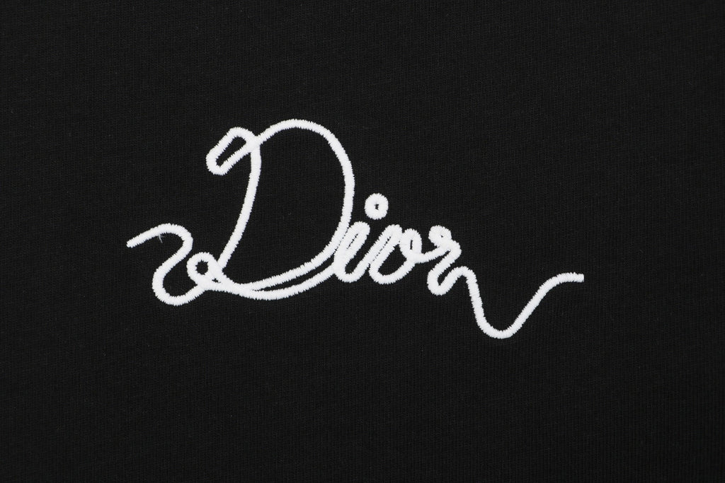 Dior Front & Back Signature Script Embroidered Short Sleeve Tee — Black
