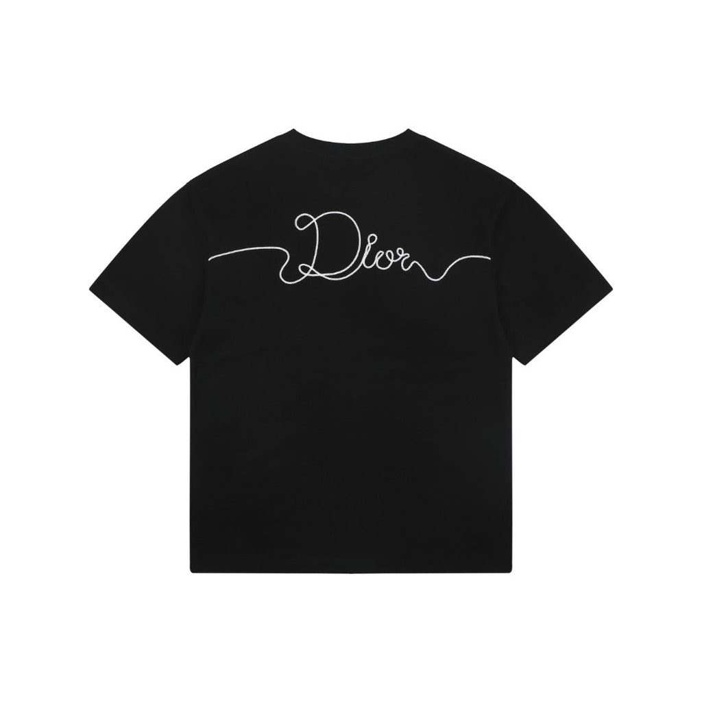 Dior Front & Back Signature Script Embroidered Short Sleeve Tee — Black