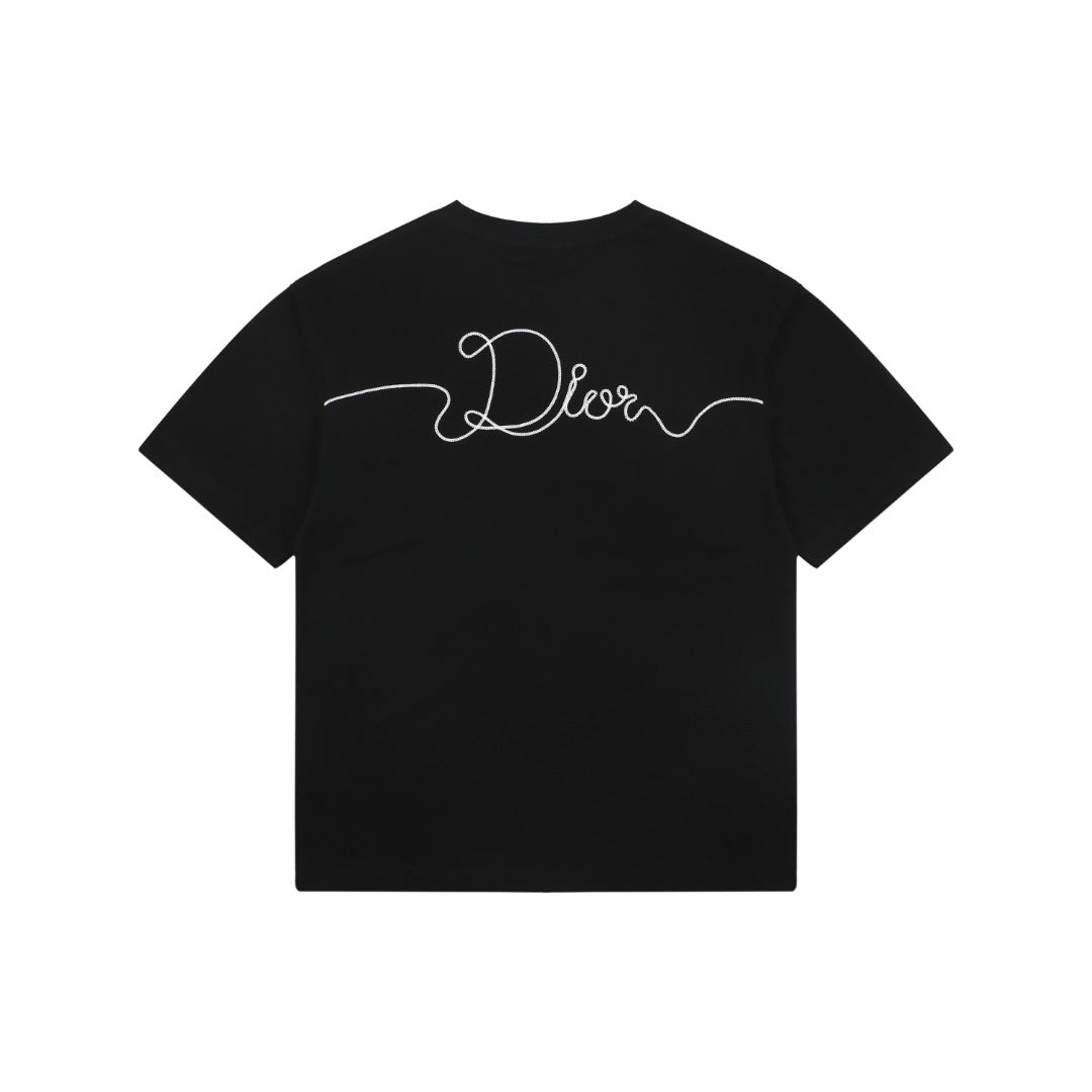 Dior Front & Back Signature Script Embroidered Short Sleeve Tee — Black