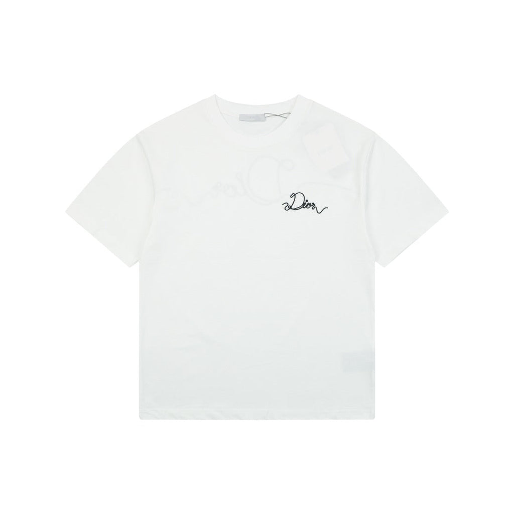 Dior Front & Back Signature Script Embroidered Short Sleeve Tee — White