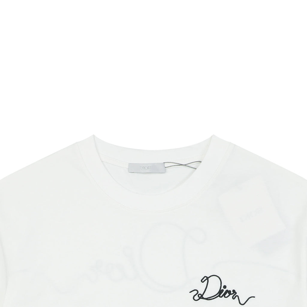 Dior Front & Back Signature Script Embroidered Short Sleeve Tee — White
