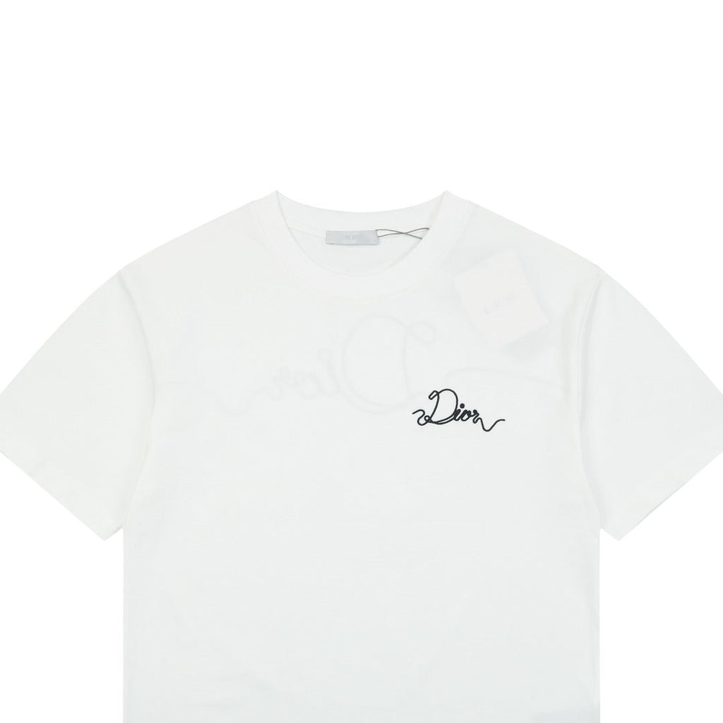 Dior Front & Back Signature Script Embroidered Short Sleeve Tee — White