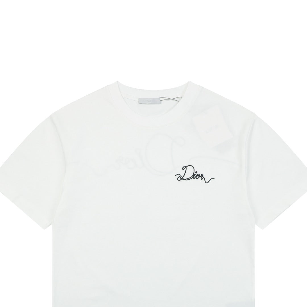 Dior Front & Back Signature Script Embroidered Short Sleeve Tee — White