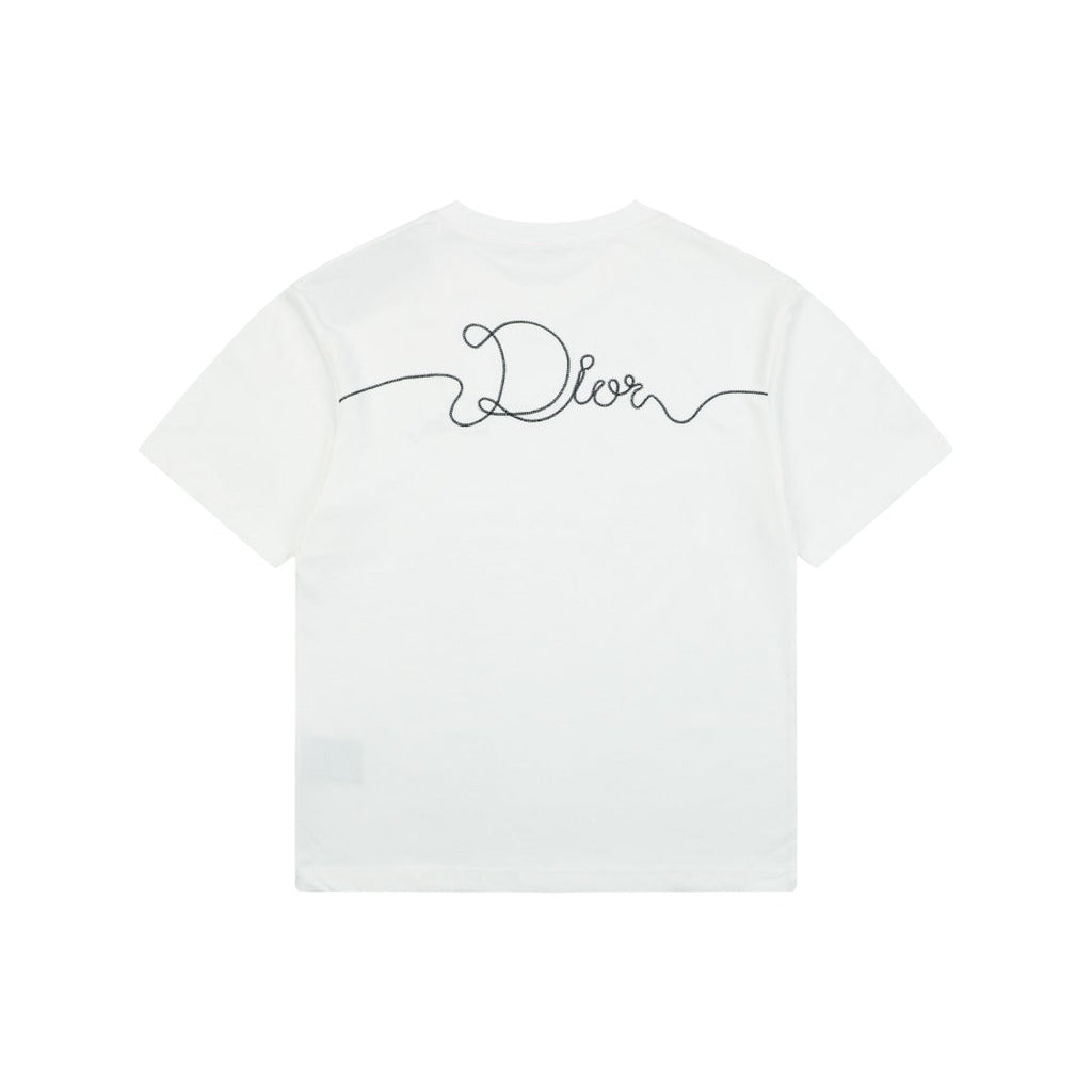 Dior Front & Back Signature Script Embroidered Short Sleeve Tee — White