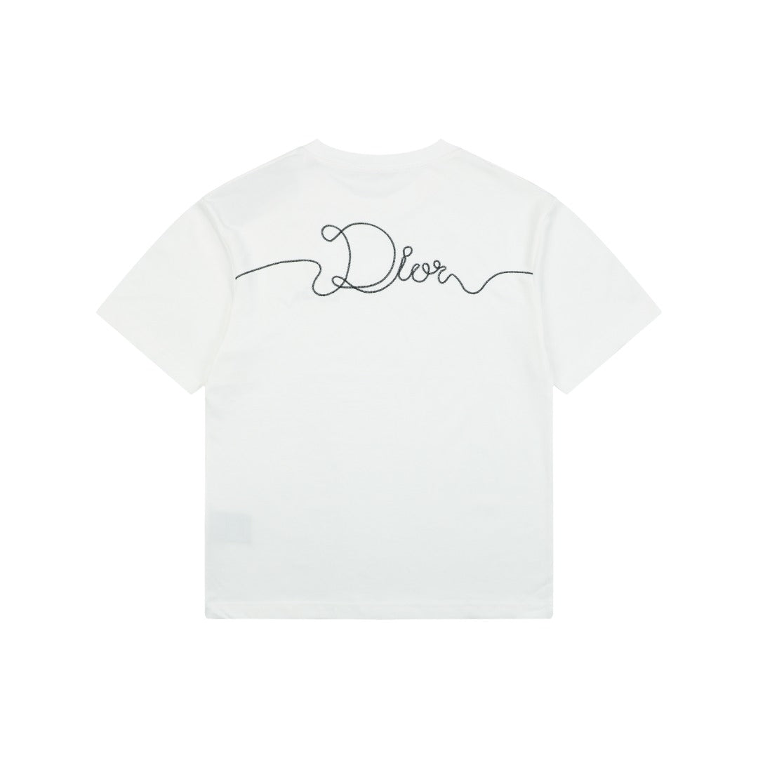 Dior Front & Back Signature Script Embroidered Short Sleeve Tee — White
