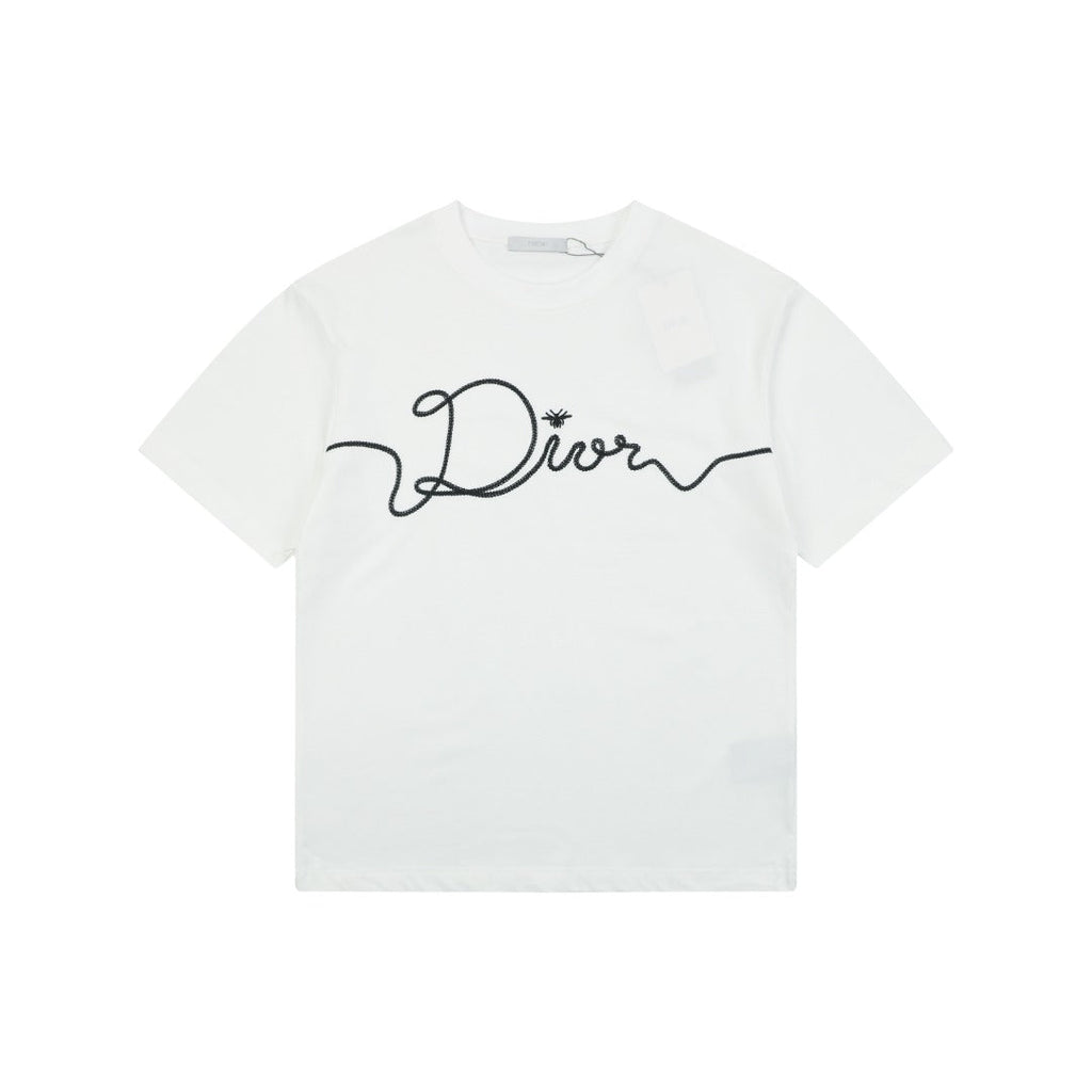 Dior Oversized Bee Signature Script Embroidered Short Sleeve Tee — White