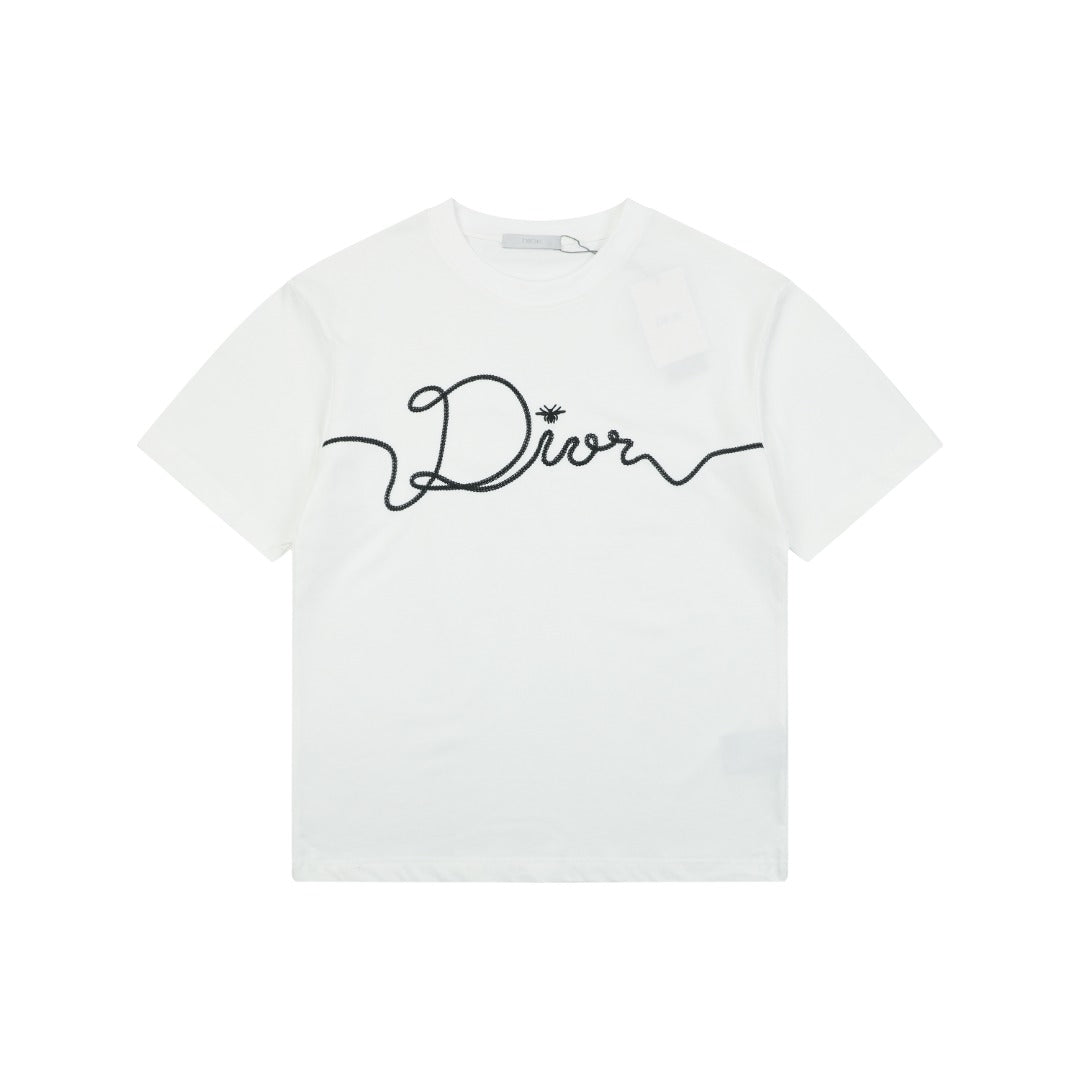 Dior Oversized Bee Signature Script Embroidered Short Sleeve Tee — White