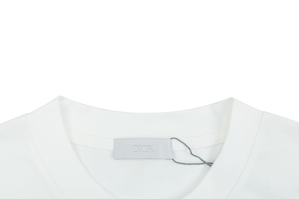 Dior Oversized Bee Signature Script Embroidered Short Sleeve Tee — White