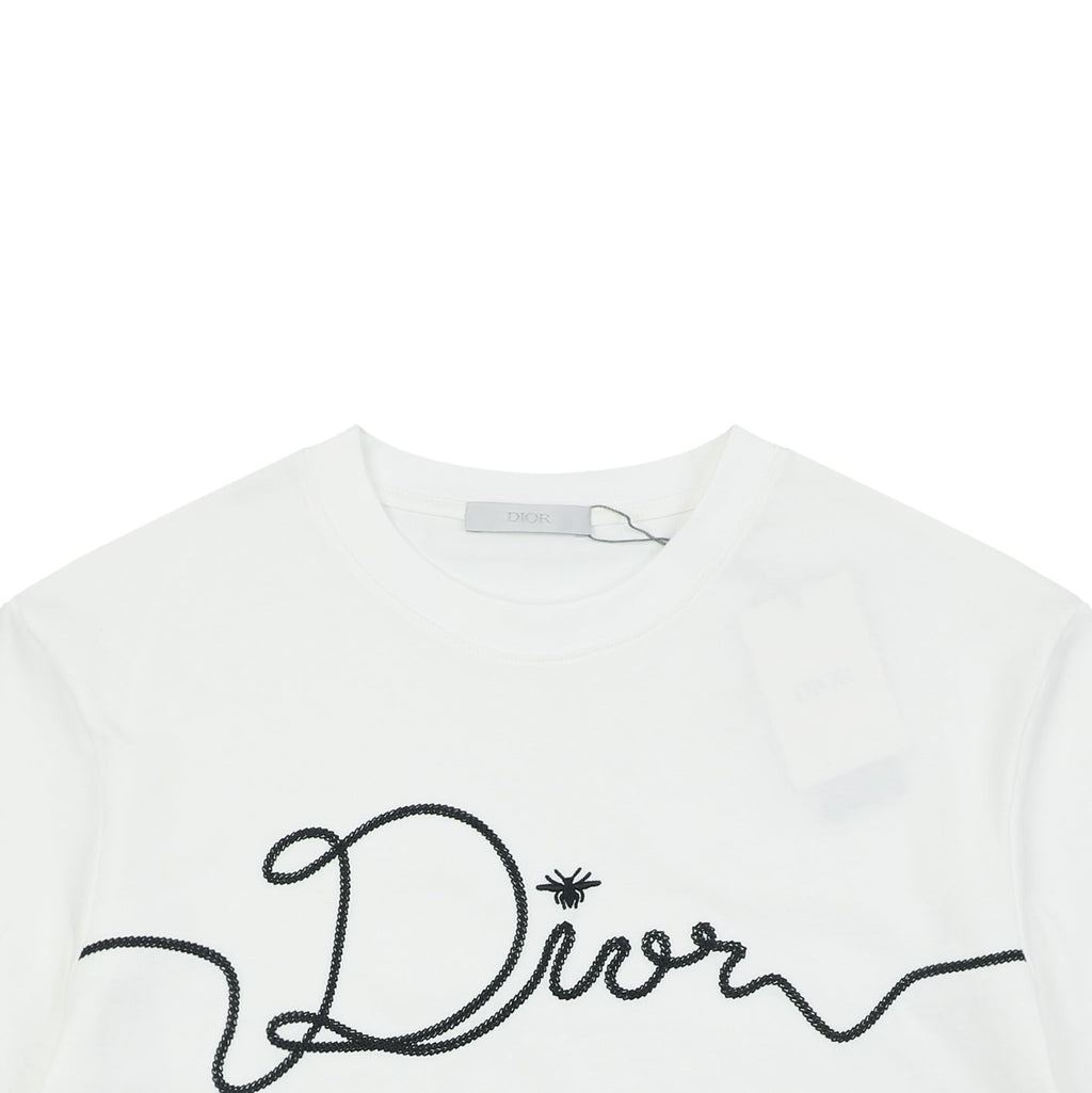 Dior Oversized Bee Signature Script Embroidered Short Sleeve Tee — White