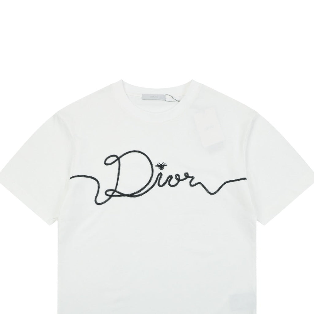 Dior Oversized Bee Signature Script Embroidered Short Sleeve Tee — White