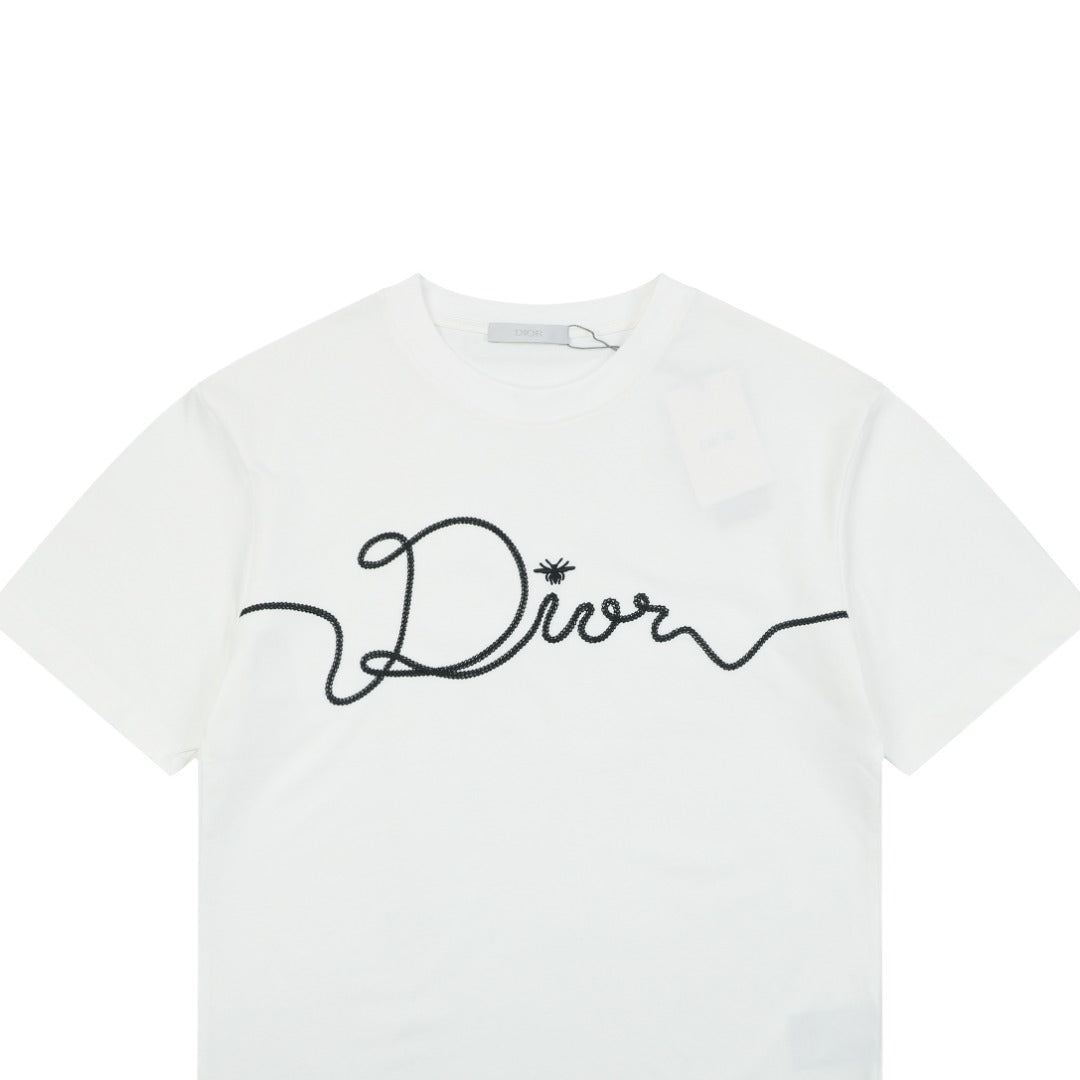Dior Oversized Bee Signature Script Embroidered Short Sleeve Tee — White