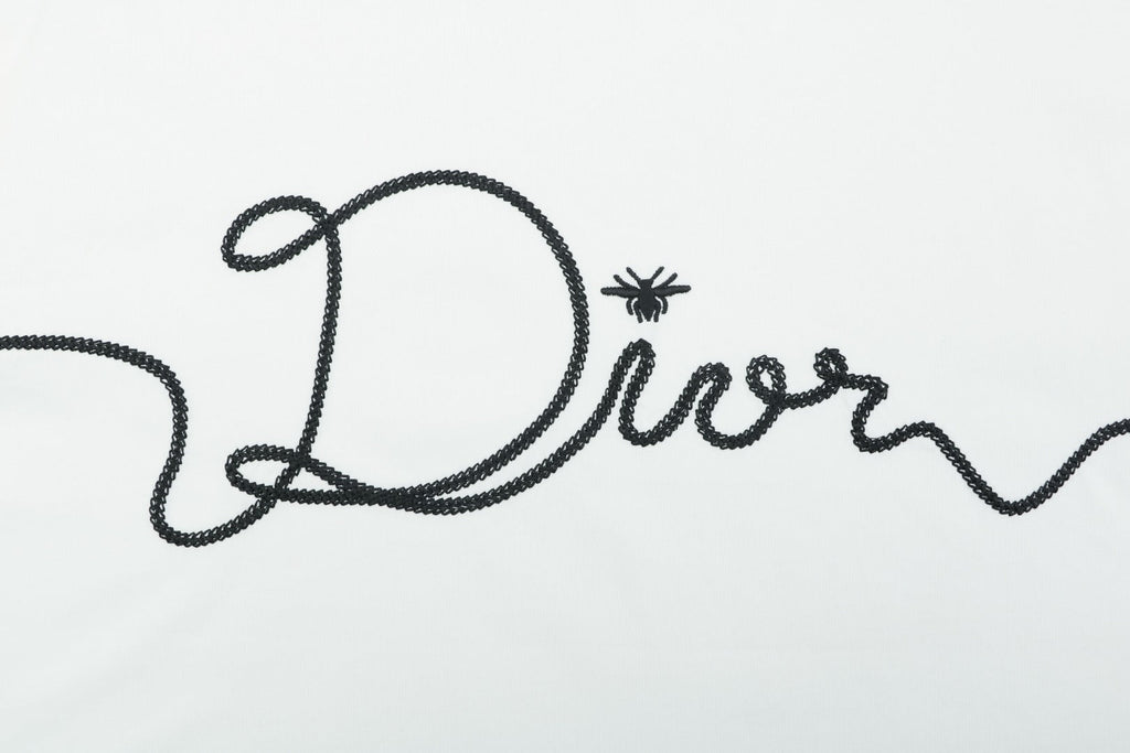 Dior Oversized Bee Signature Script Embroidered Short Sleeve Tee — White