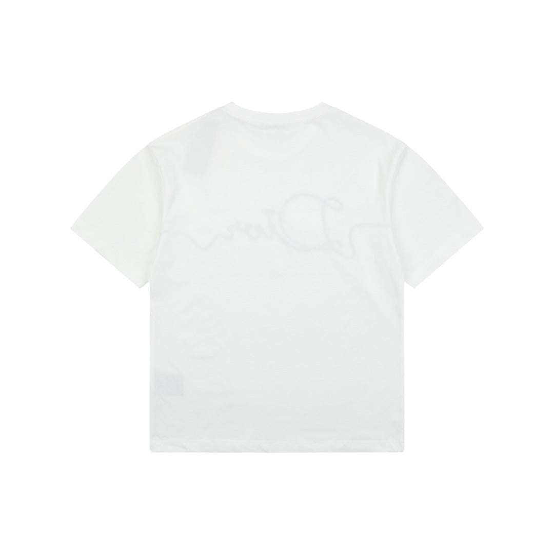 Dior Oversized Bee Signature Script Embroidered Short Sleeve Tee — White