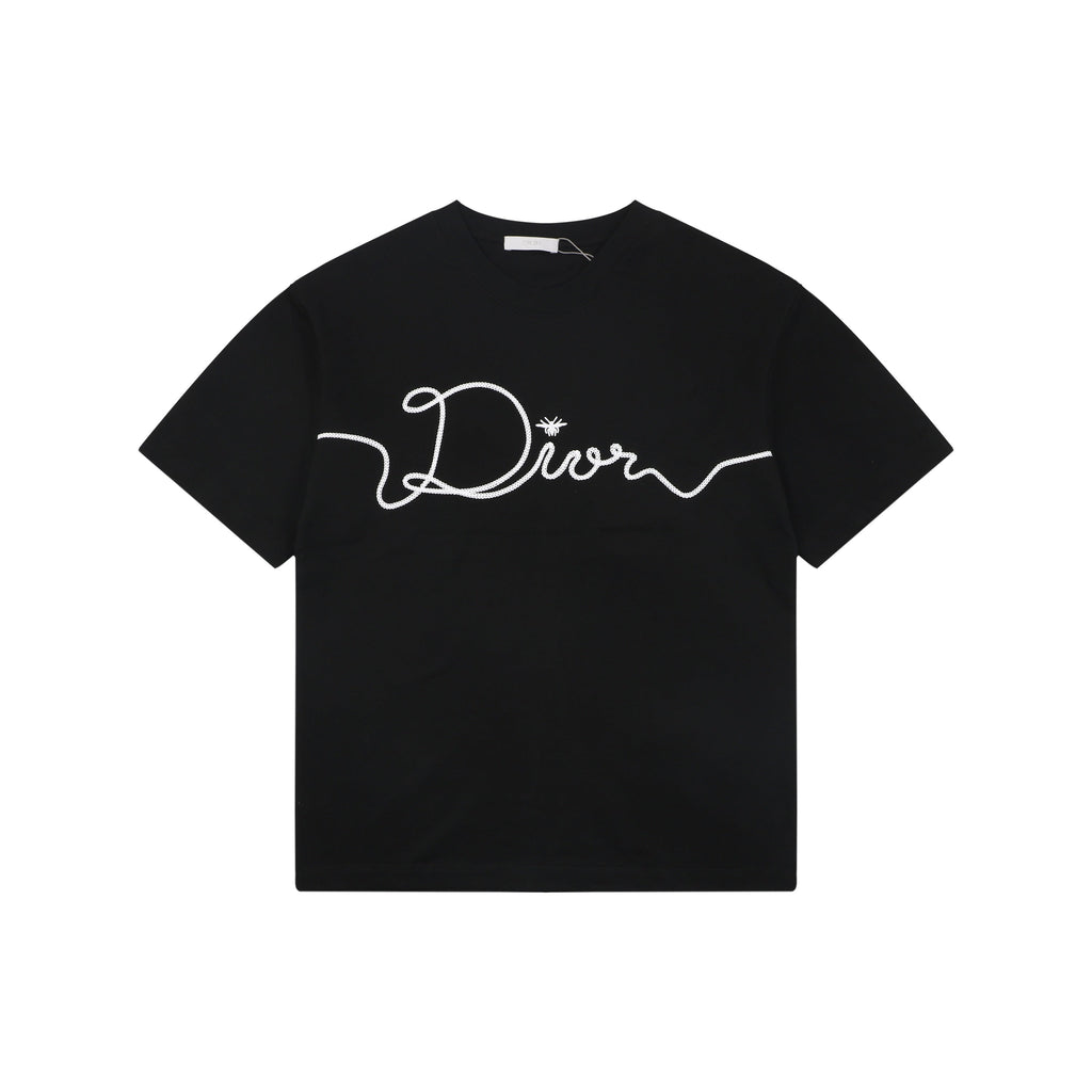 Dior Oversized Bee Signature Script Embroidered Short Sleeve Tee — Black