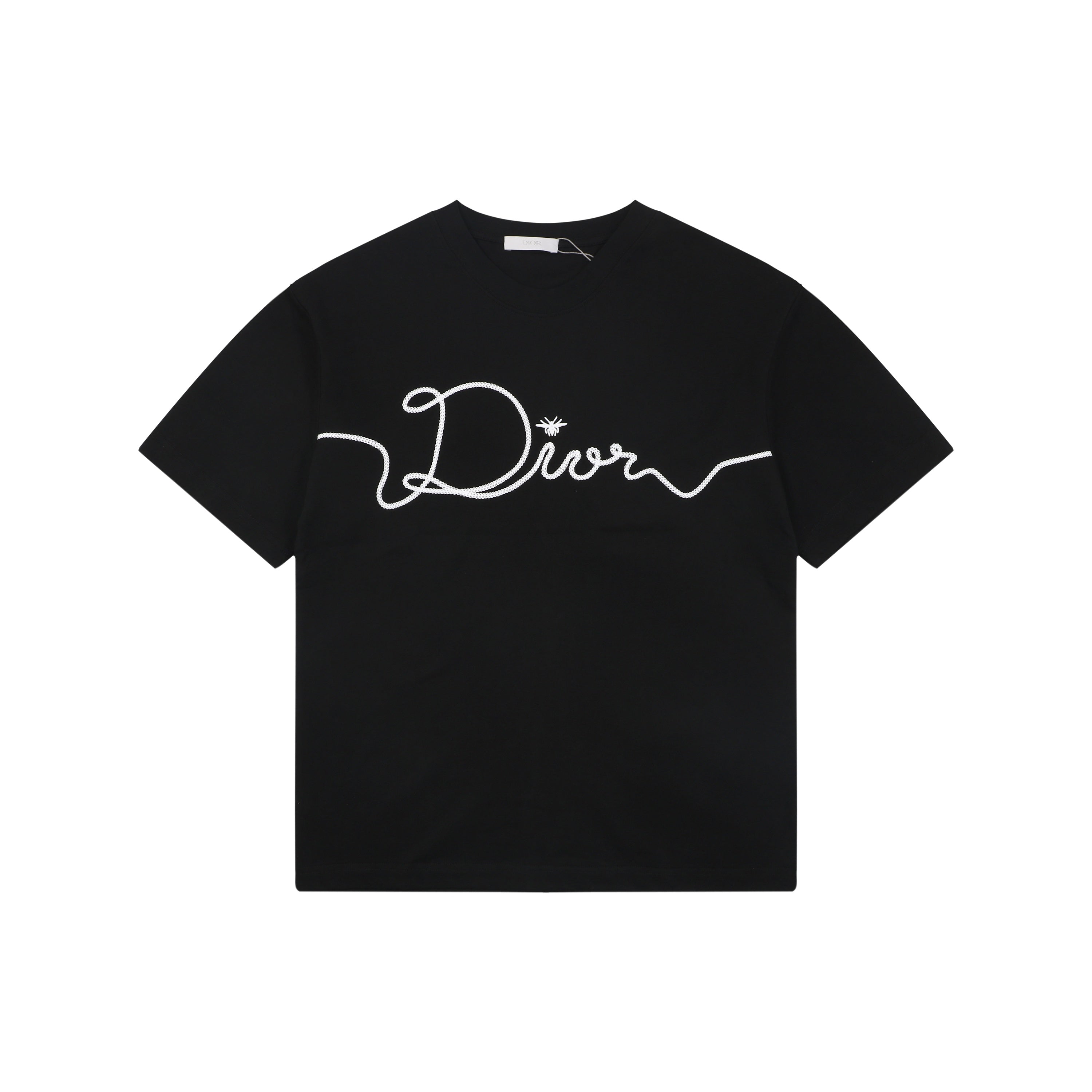 Dior Oversized Bee Signature Script Embroidered Short Sleeve Tee — Black