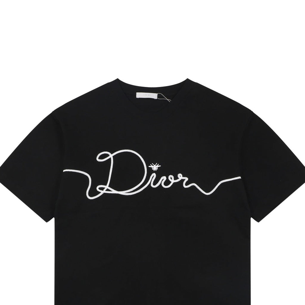 Dior Oversized Bee Signature Script Embroidered Short Sleeve Tee — Black