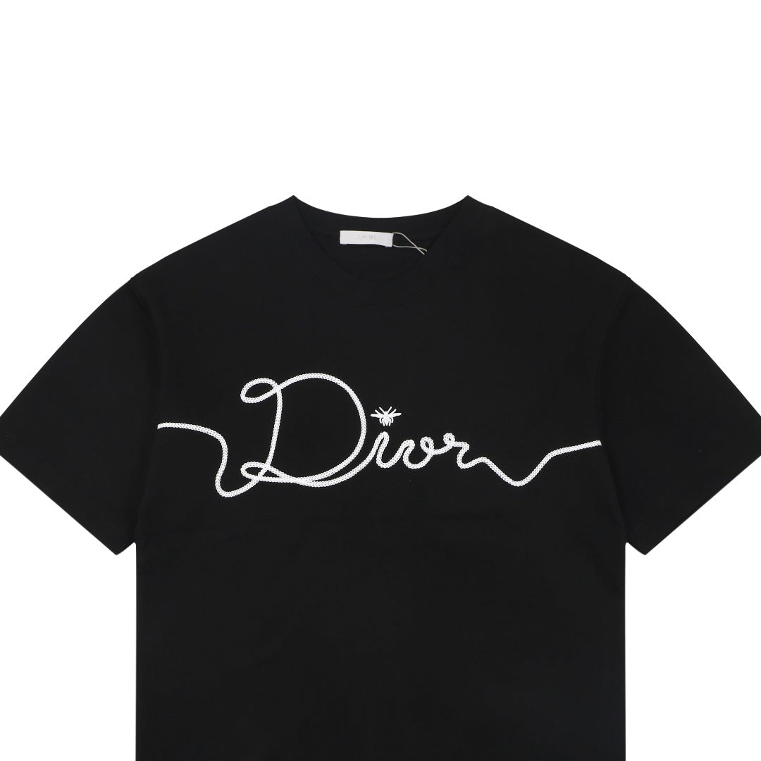Dior Oversized Bee Signature Script Embroidered Short Sleeve Tee — Black