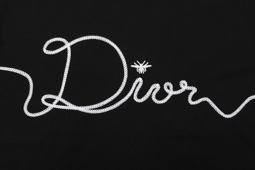Dior Oversized Bee Signature Script Embroidered Short Sleeve Tee — Black